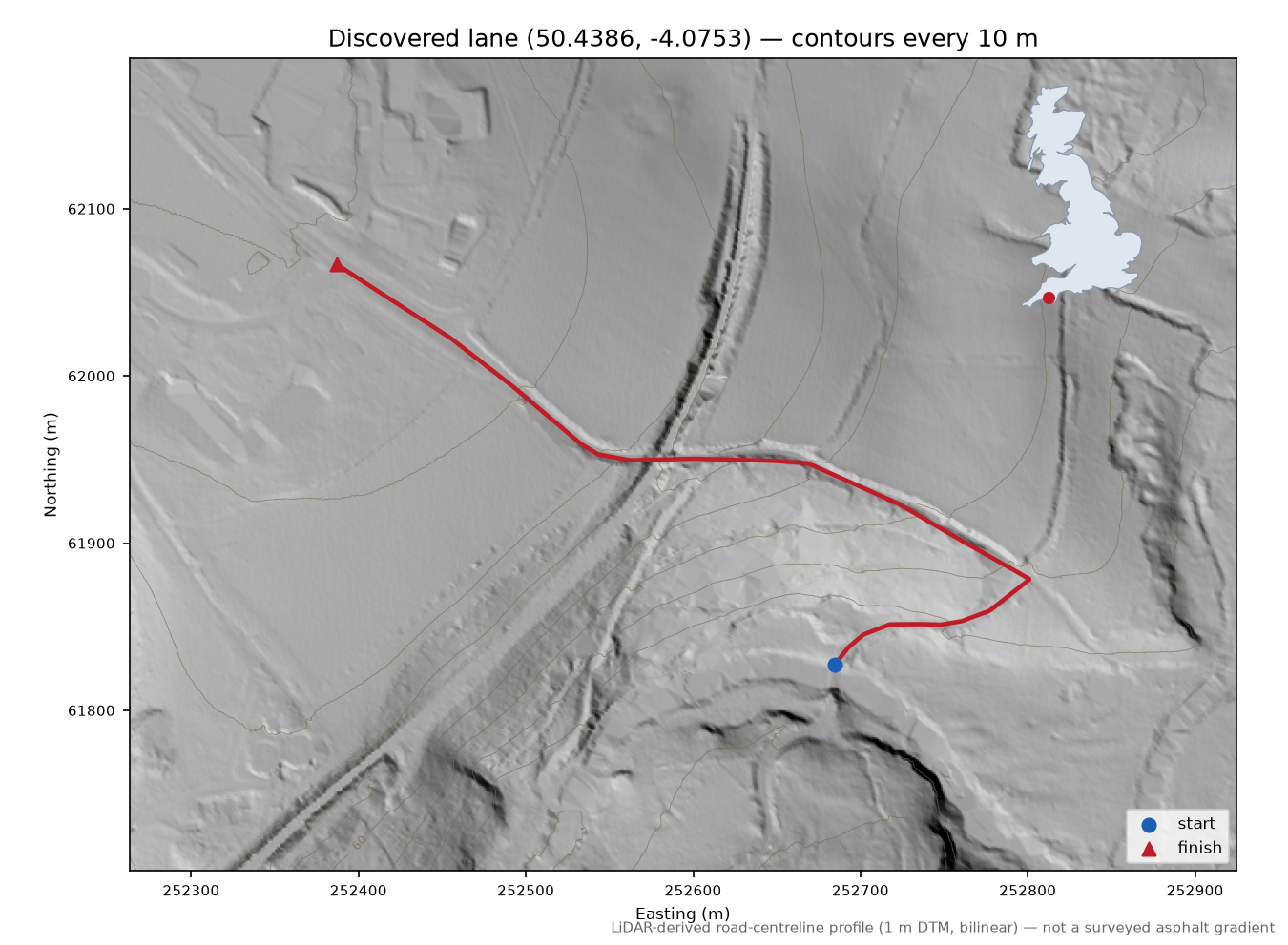 Bickleigh Vale to Bickleigh LiDAR hillshade map with contours