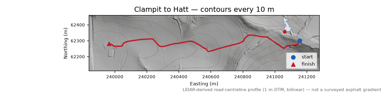 Clampit to Hatt LiDAR hillshade map with contours