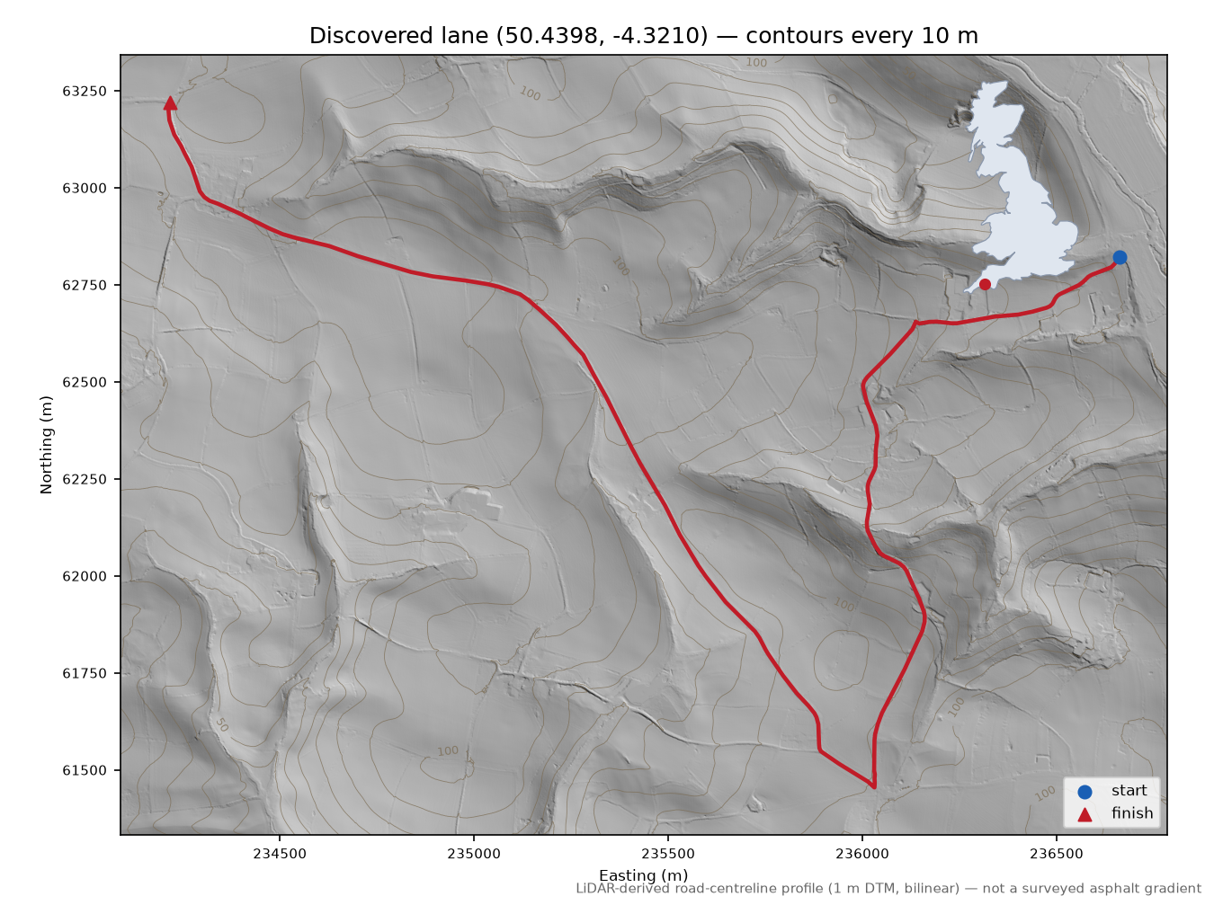 Pillaton to Blunts LiDAR hillshade map with contours