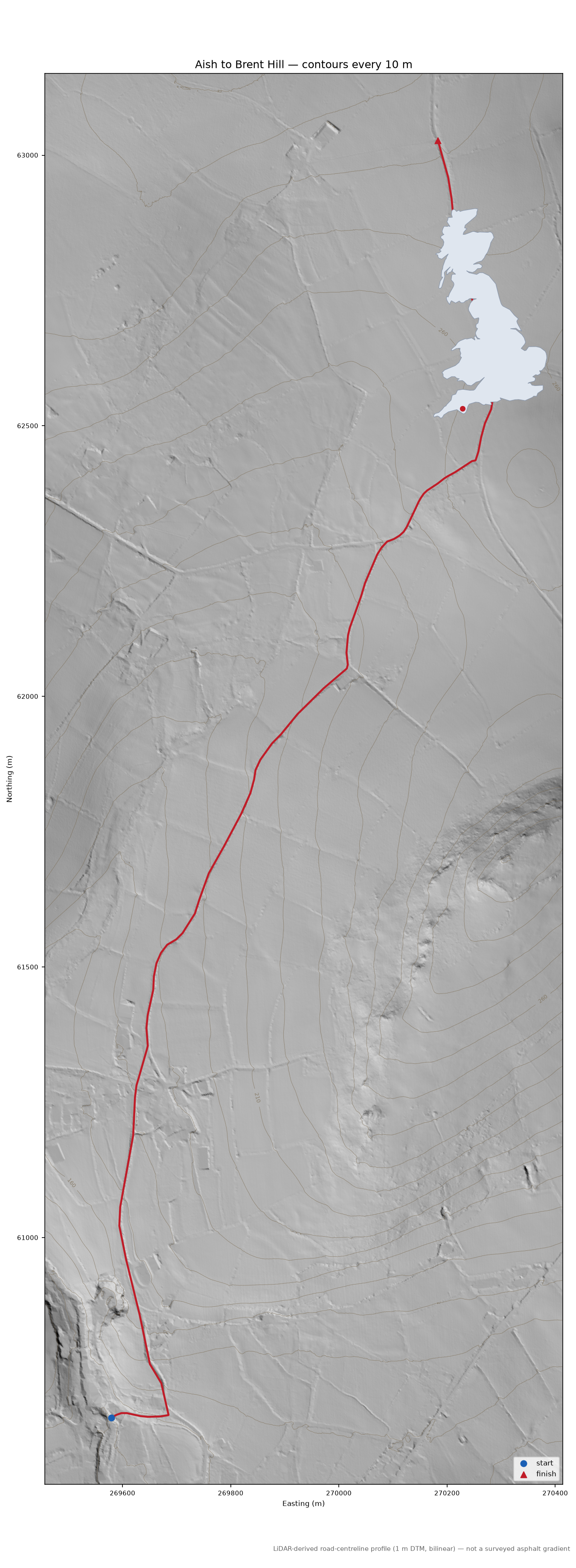 Aish to Brent Hill LiDAR hillshade map with contours
