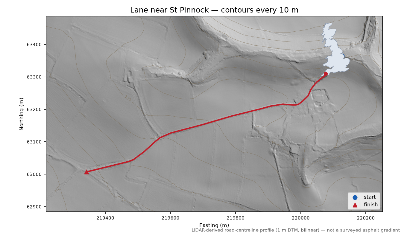 Lane near St Pinnock LiDAR hillshade map with contours