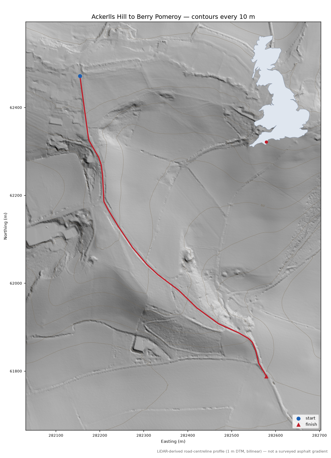 Ackerlls Hill to Berry Pomeroy LiDAR hillshade map with contours
