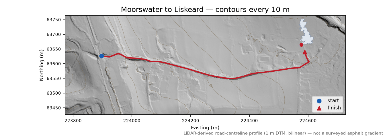 Moorswater to Liskeard LiDAR hillshade map with contours
