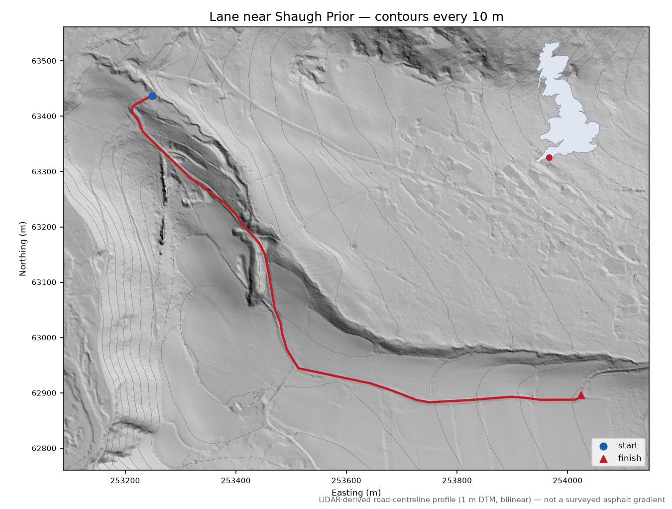 Lane near Shaugh Prior LiDAR hillshade map with contours