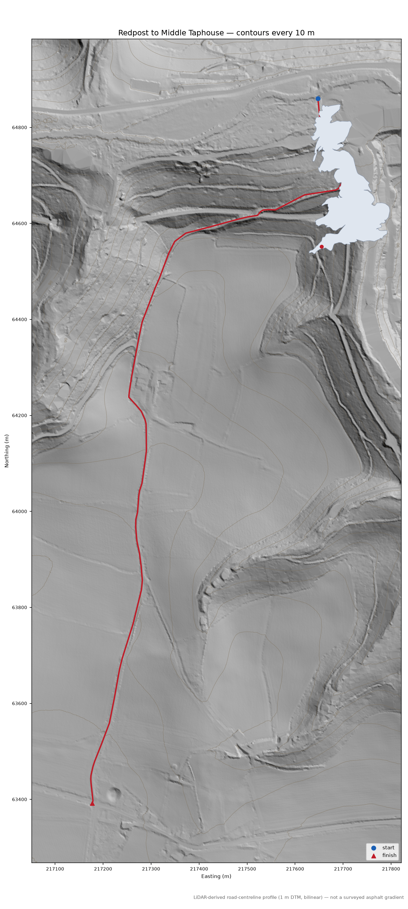 Redpost to Middle Taphouse LiDAR hillshade map with contours