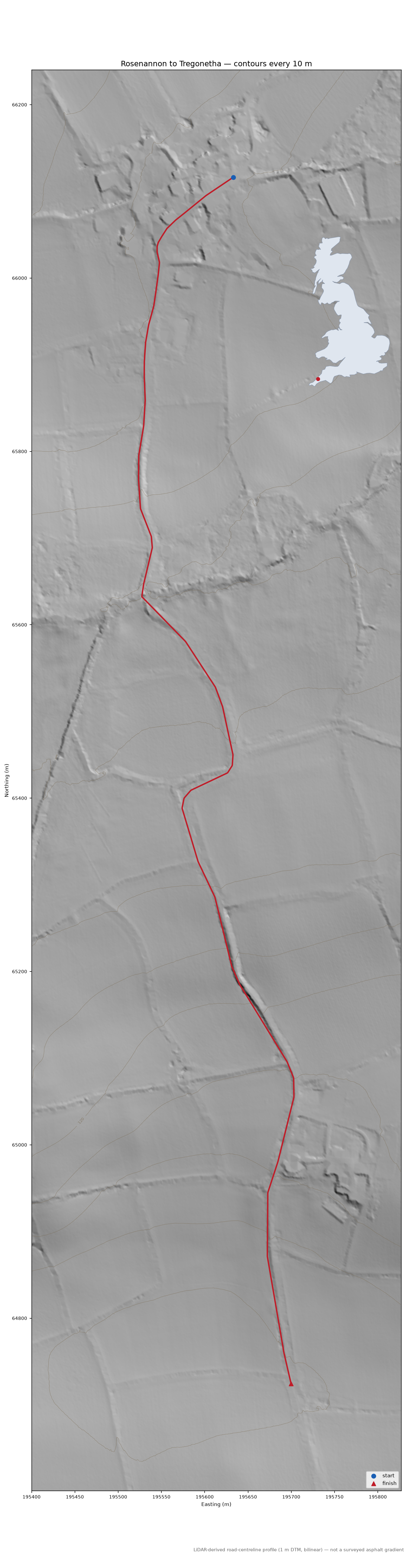 Rosenannon to Tregonetha LiDAR hillshade map with contours