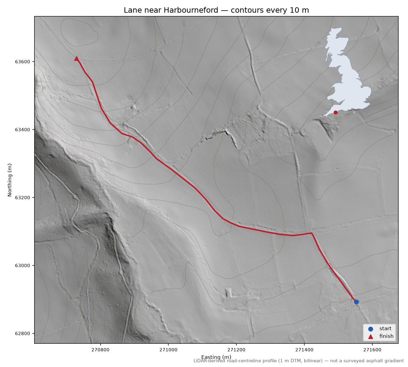 Lane near Harbourneford LiDAR hillshade map with contours