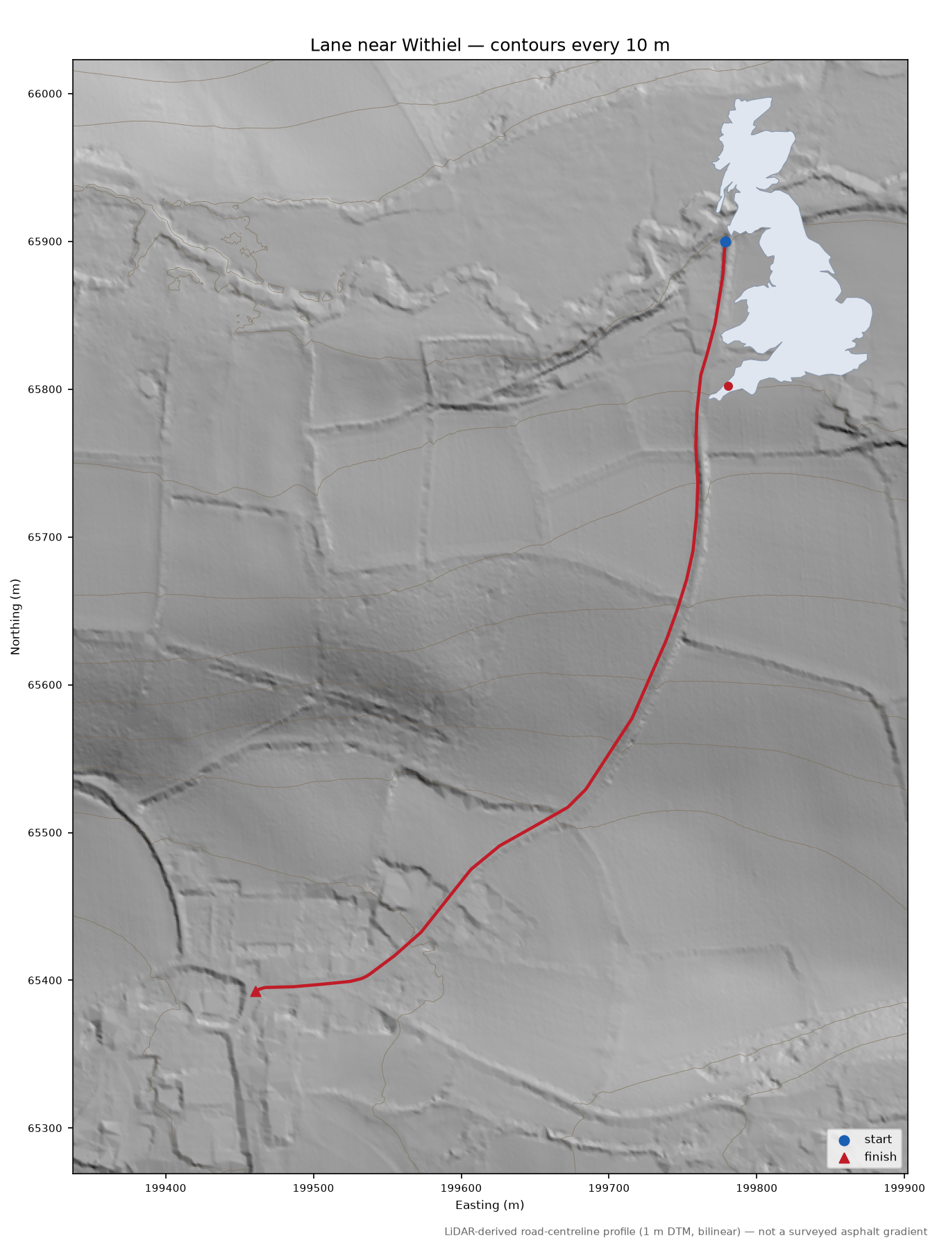 Lane near Withiel LiDAR hillshade map with contours
