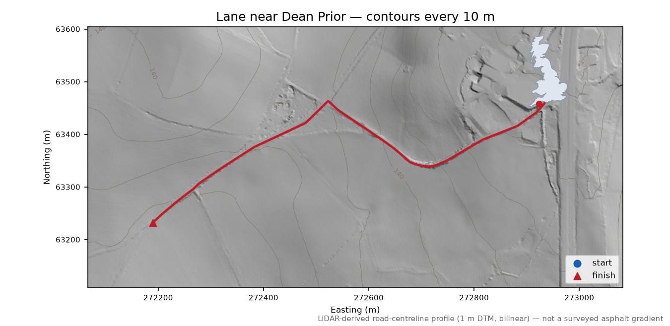 Lane near Dean Prior LiDAR hillshade map with contours