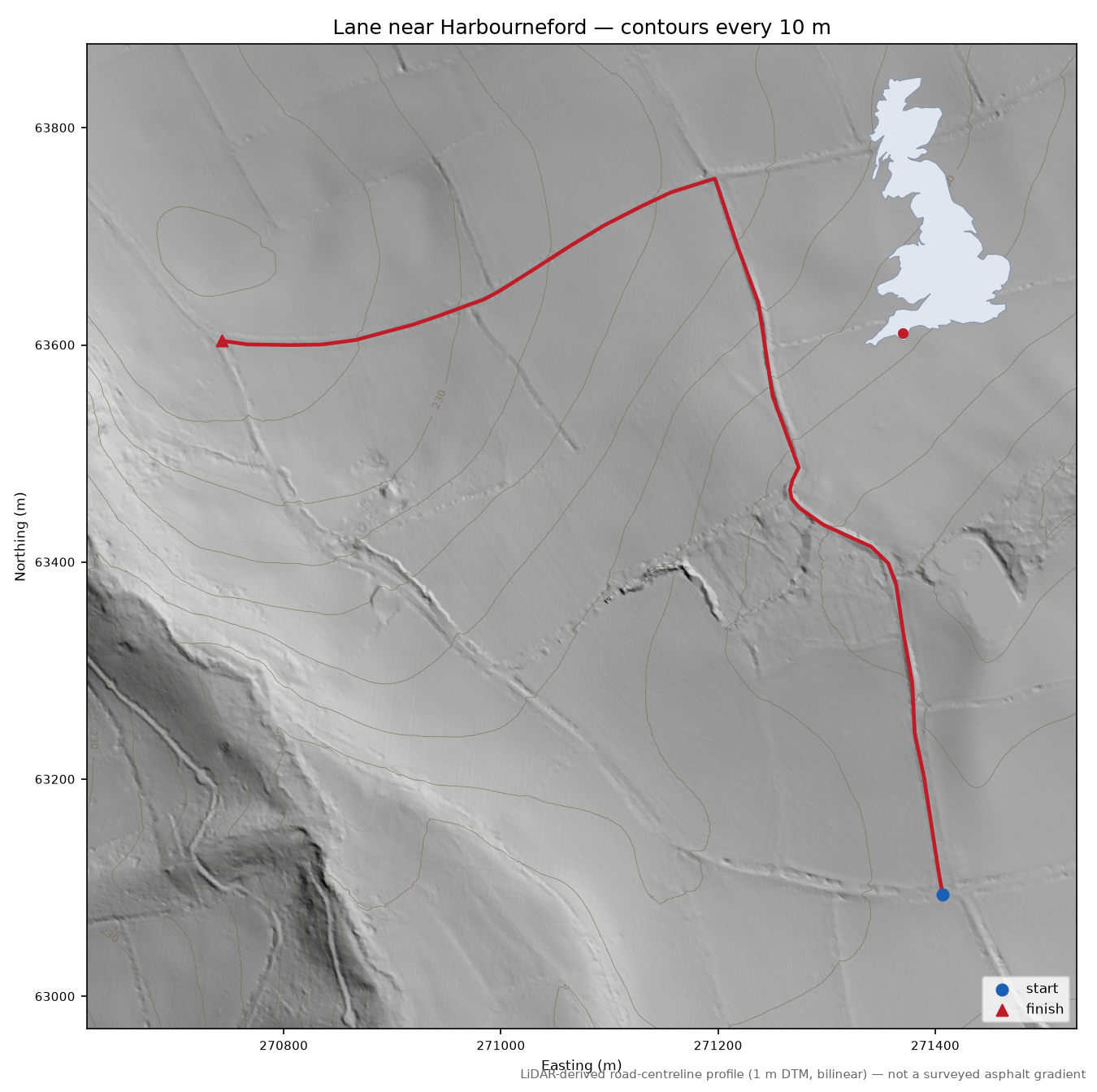 Lane near Harbourneford LiDAR hillshade map with contours
