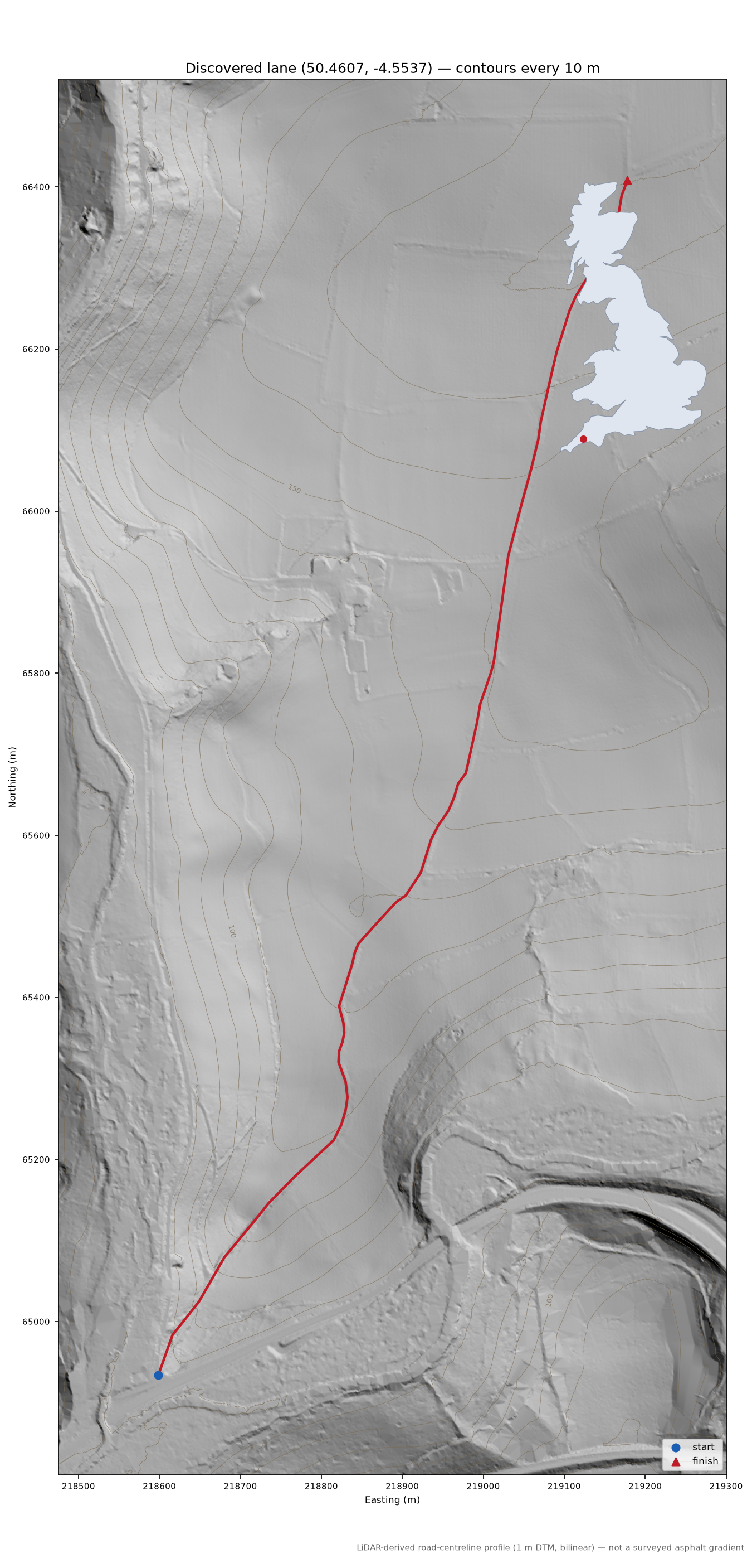 Lane near Redpost LiDAR hillshade map with contours