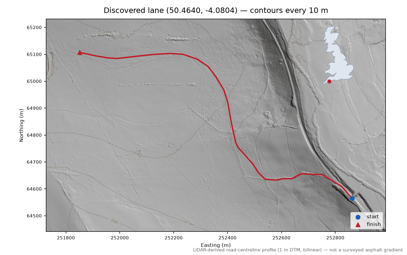 Hoo Meavy to Clearbrook LiDAR hillshade map with contours
