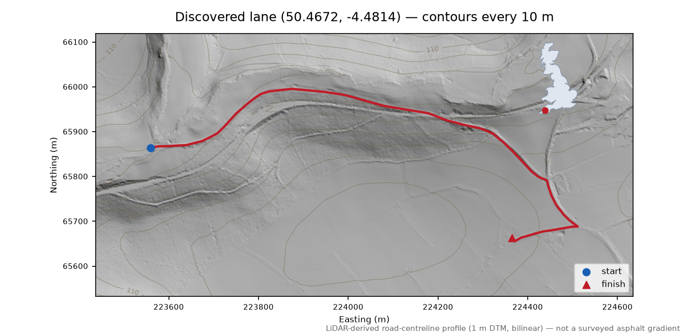 Lane near Moorswater LiDAR hillshade map with contours