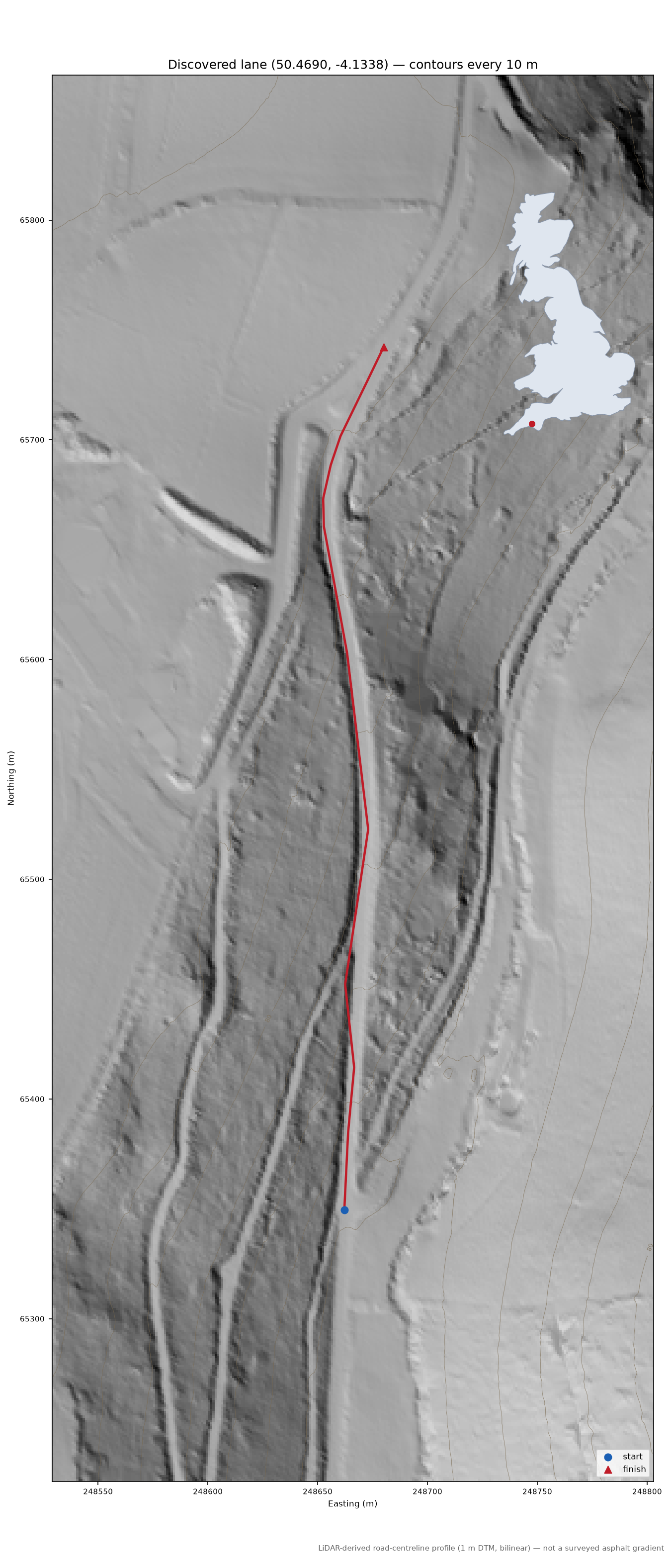 Lane near Milton Combe LiDAR hillshade map with contours