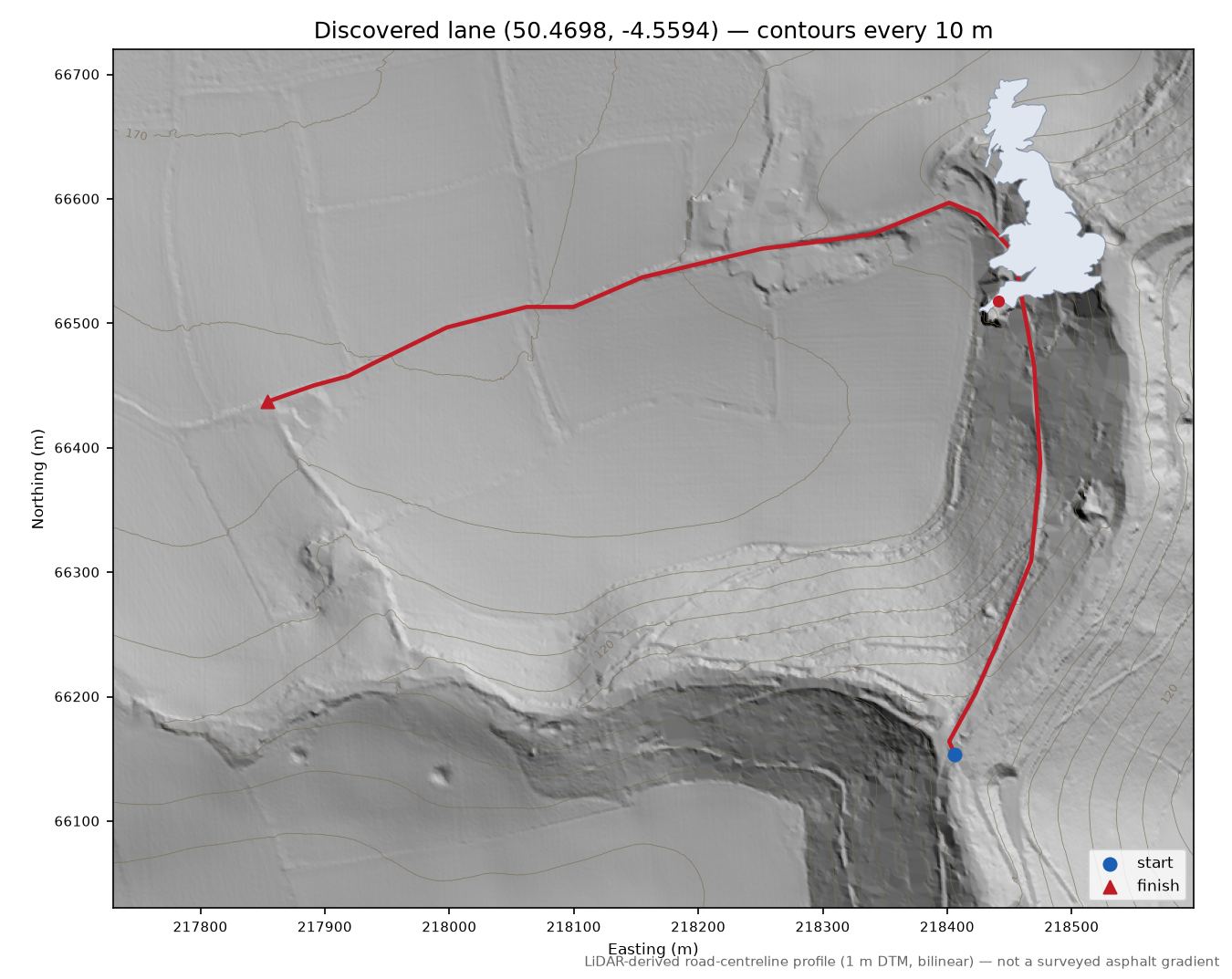 Lane near St Neot LiDAR hillshade map with contours