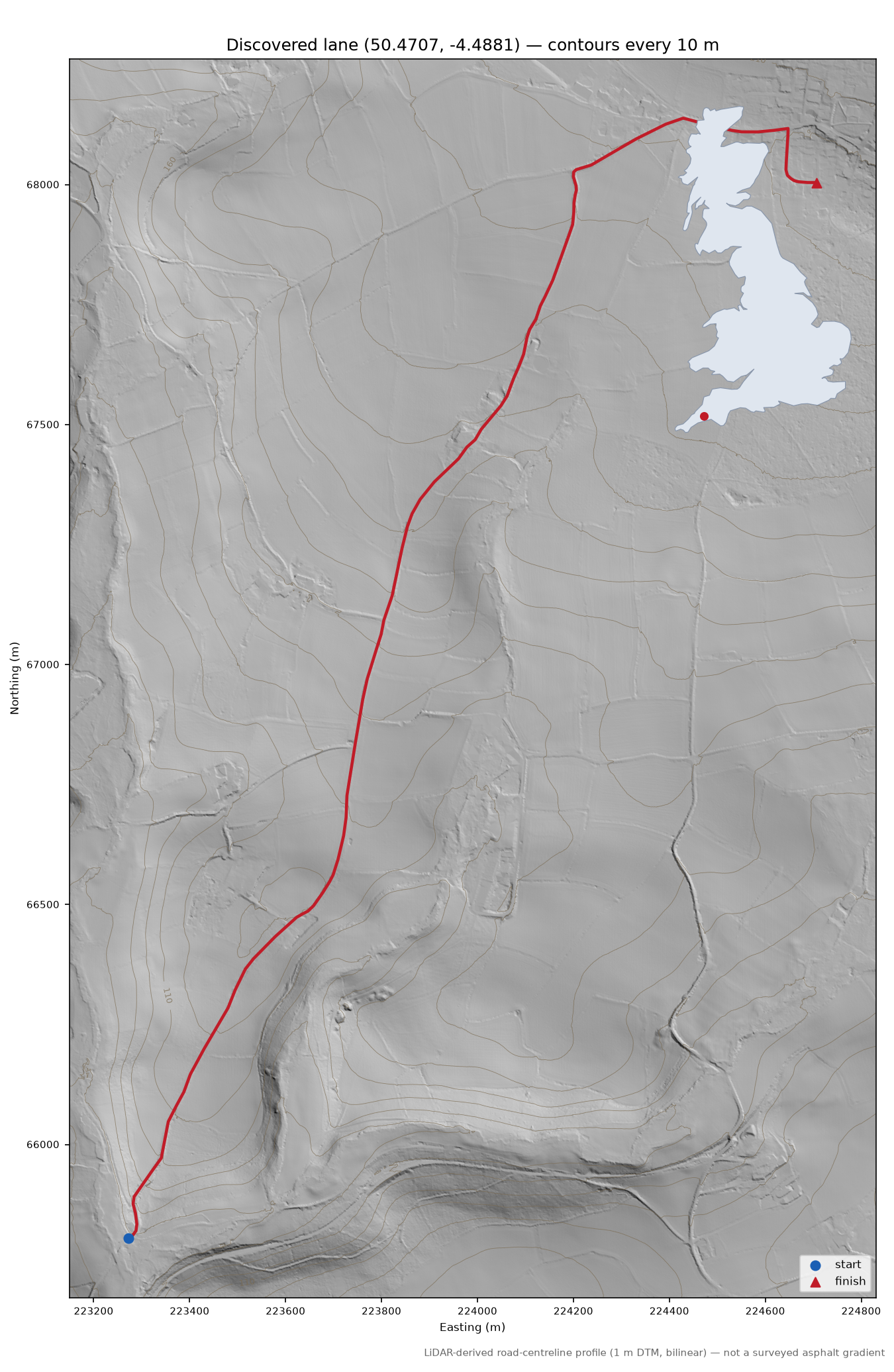 Lane near Moorswater LiDAR hillshade map with contours