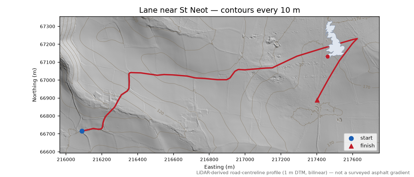 Lane near St Neot LiDAR hillshade map with contours