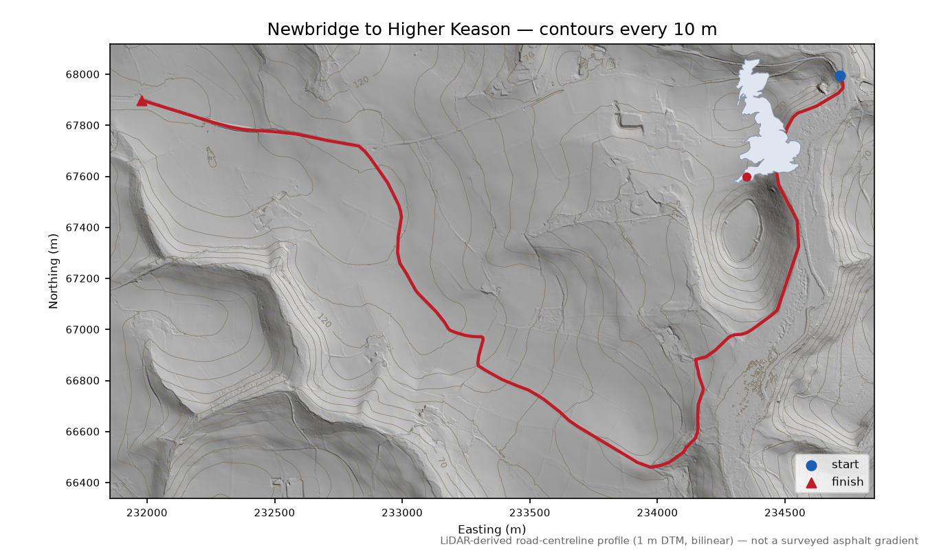Newbridge to Higher Keason LiDAR hillshade map with contours