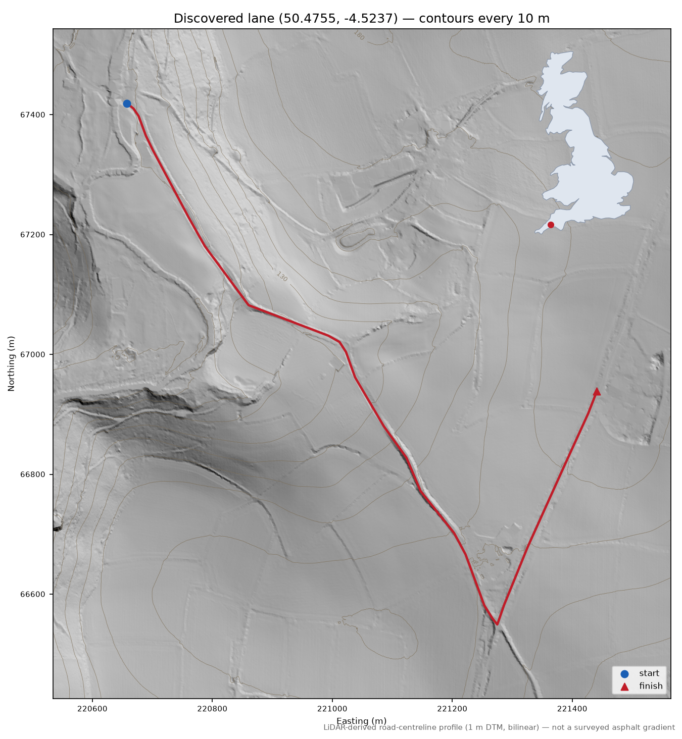 Lane near Berry Down LiDAR hillshade map with contours