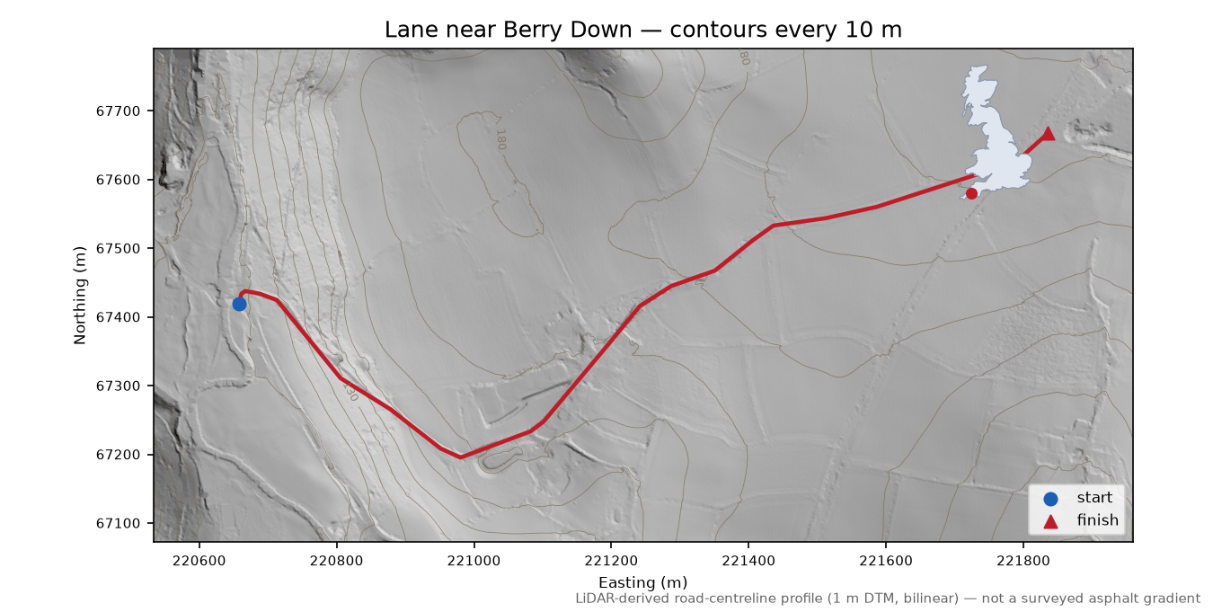 Lane near Berry Down LiDAR hillshade map with contours