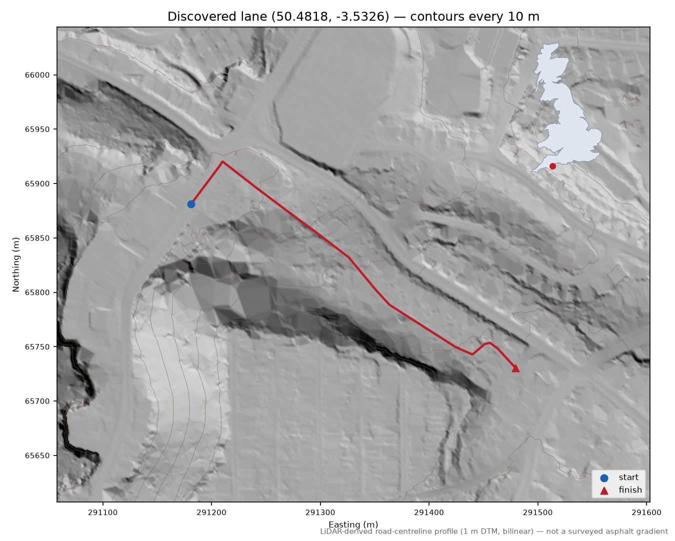 Lane near Daison Rock LiDAR hillshade map with contours