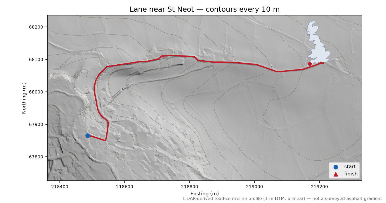 Lane near St Neot LiDAR hillshade map with contours