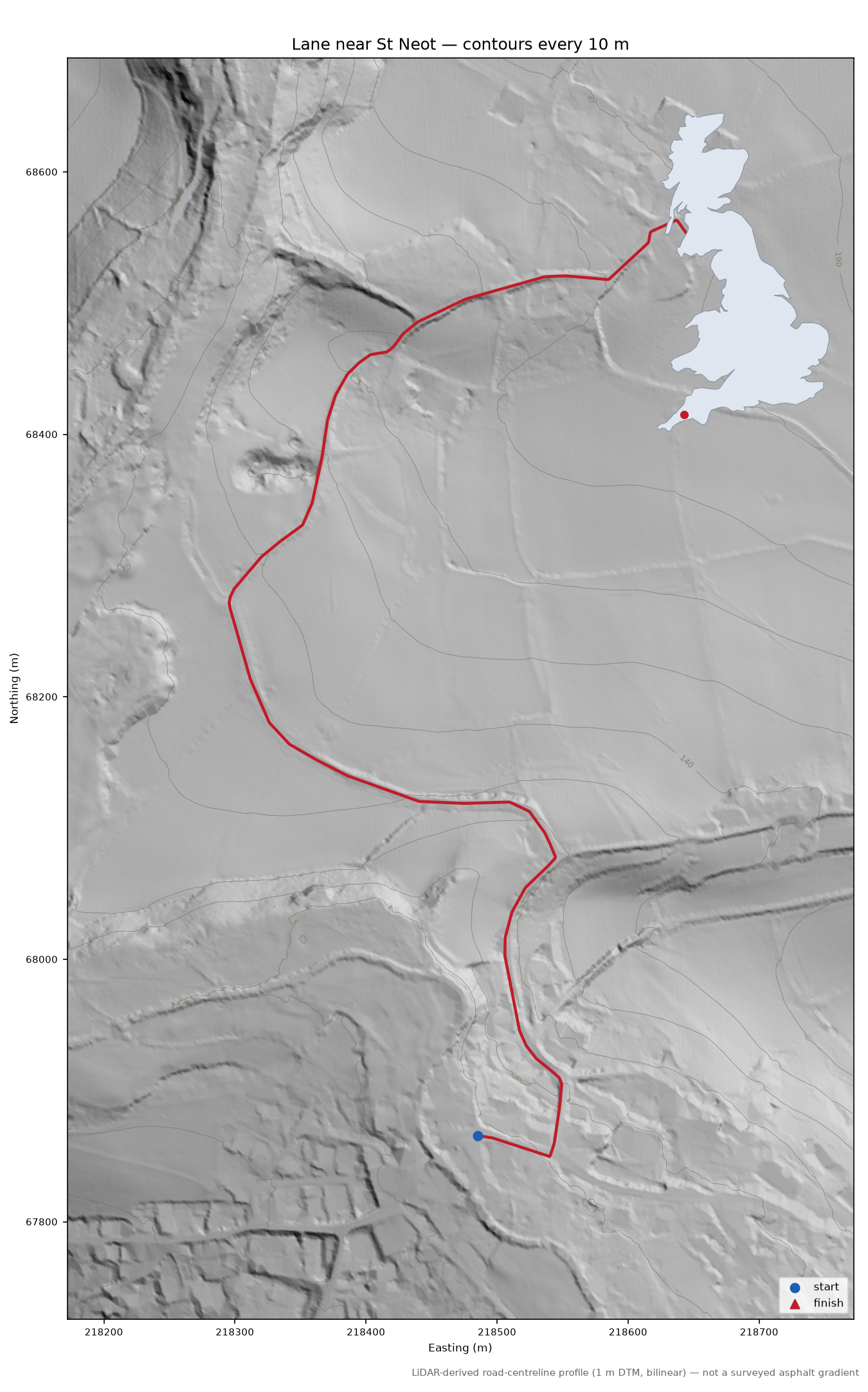 Lane near St Neot LiDAR hillshade map with contours