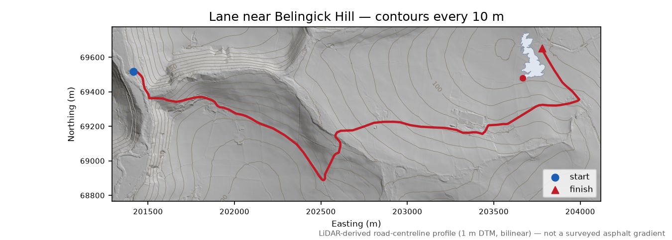 Lane near Belingick Hill LiDAR hillshade map with contours