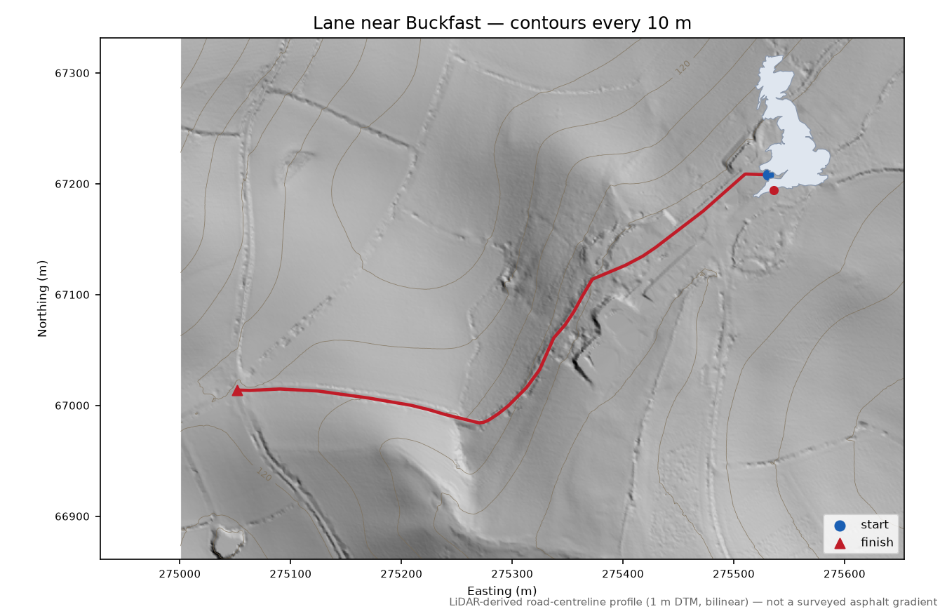 Lane near Buckfast LiDAR hillshade map with contours