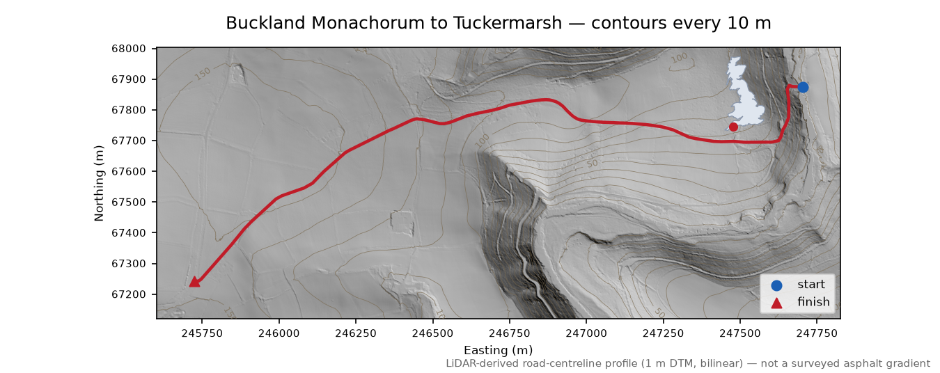 Buckland Monachorum to Tuckermarsh LiDAR hillshade map with contours