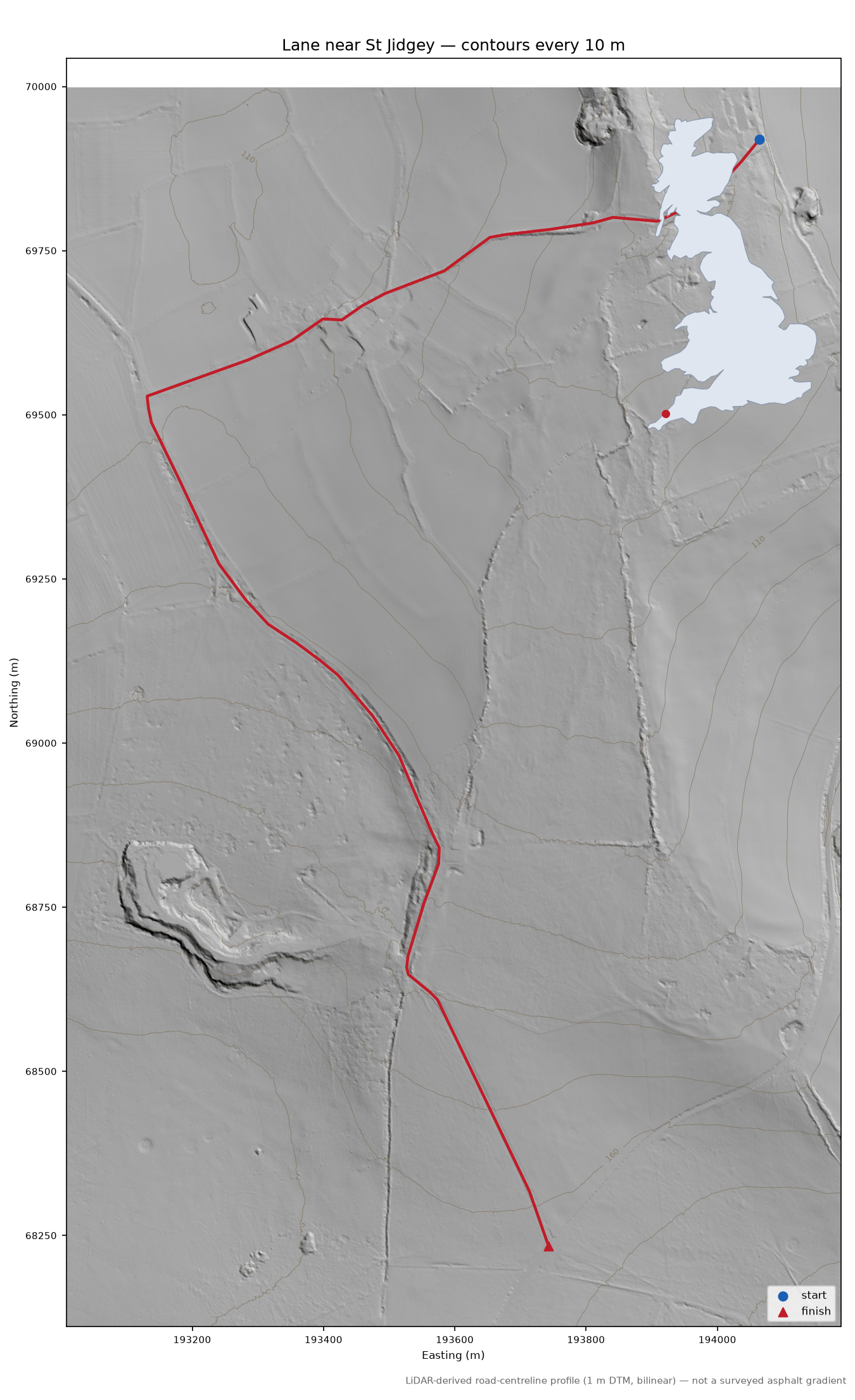 Lane near St Jidgey LiDAR hillshade map with contours