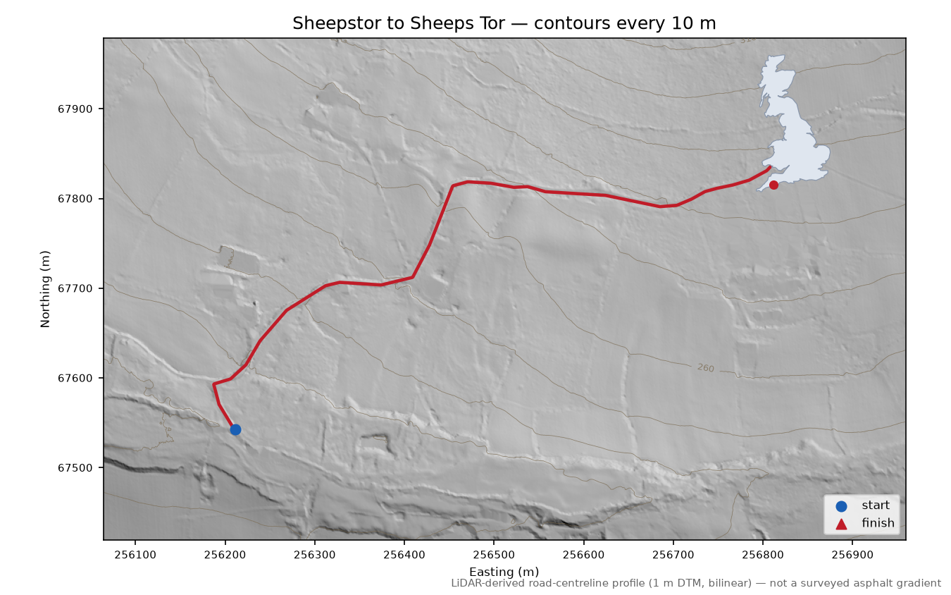 Sheepstor to Sheeps Tor LiDAR hillshade map with contours