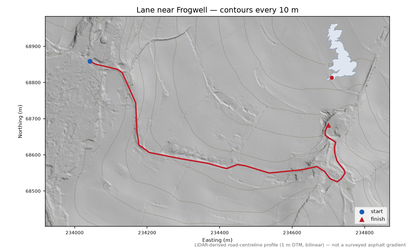 Lane near Frogwell LiDAR hillshade map with contours