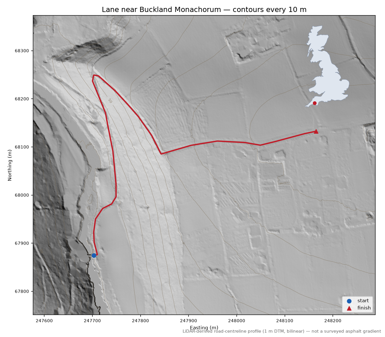 Lane near Buckland Monachorum LiDAR hillshade map with contours