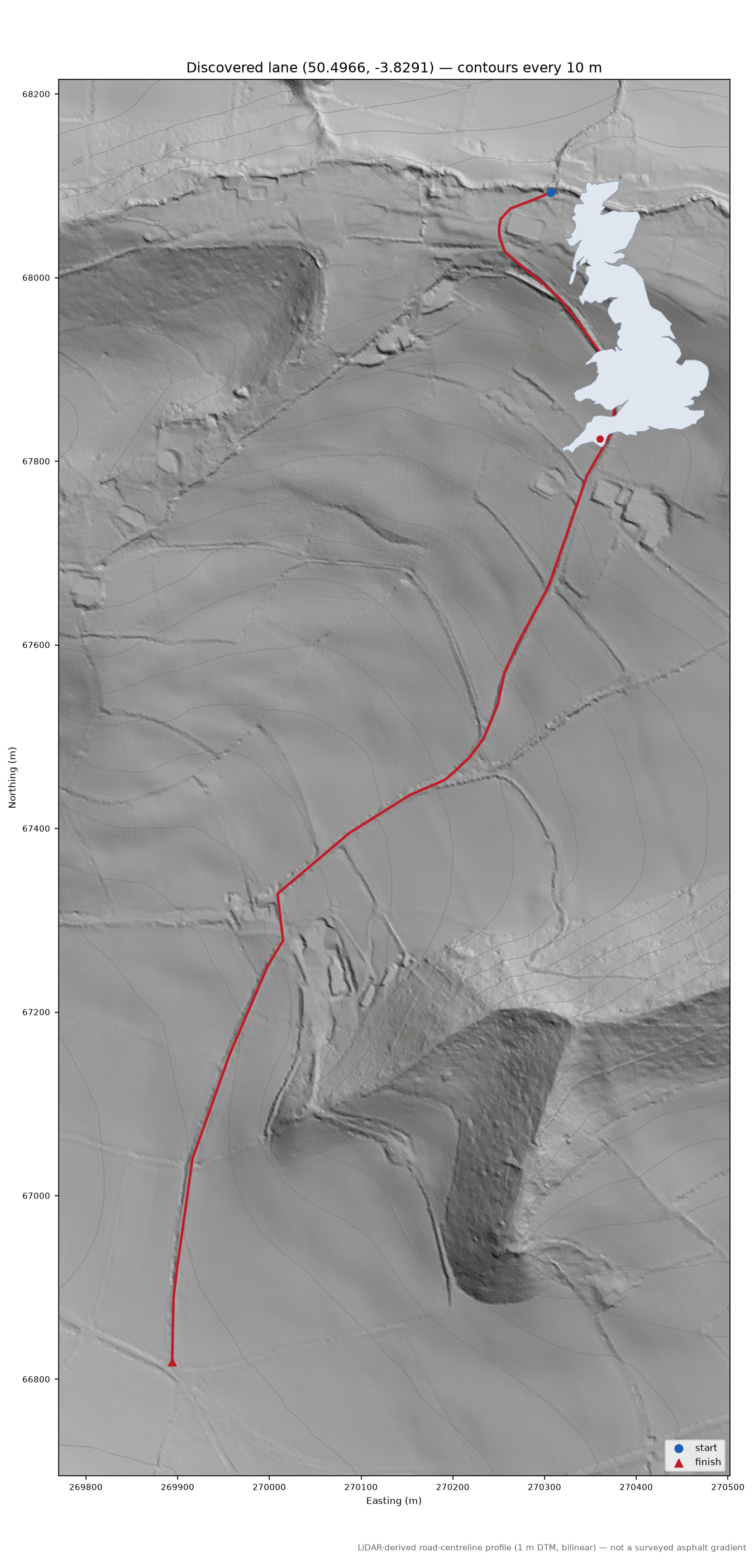 Combe to Wallaford Down LiDAR hillshade map with contours