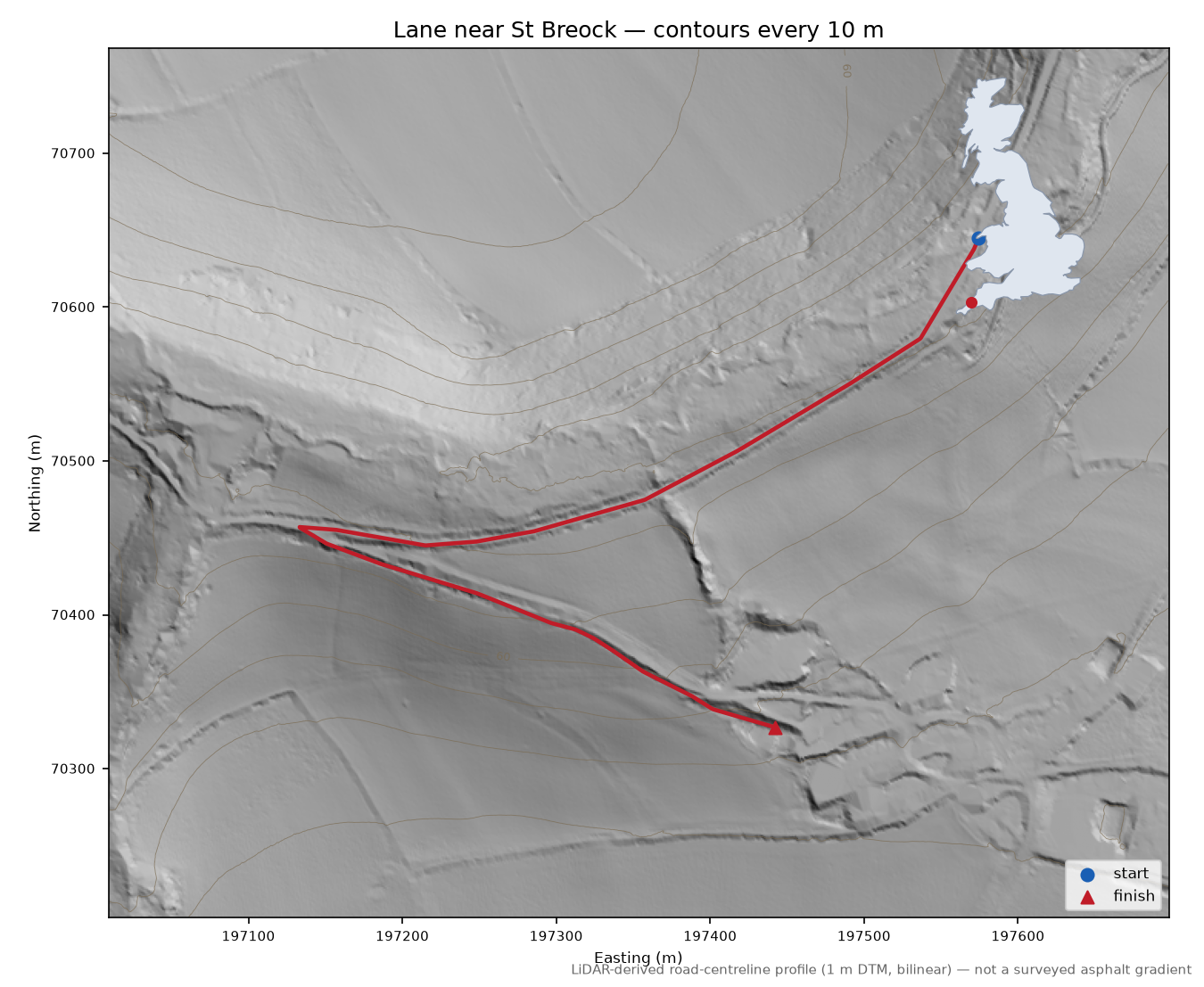 Lane near St Breock LiDAR hillshade map with contours