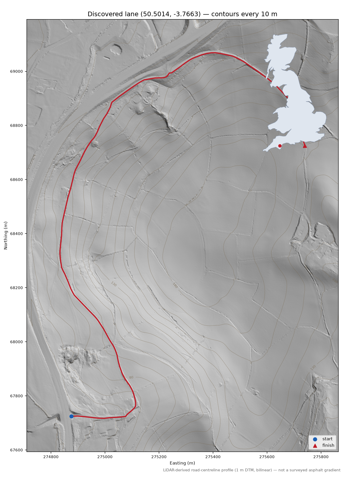 Buckfast to Yolland Hill LiDAR hillshade map with contours