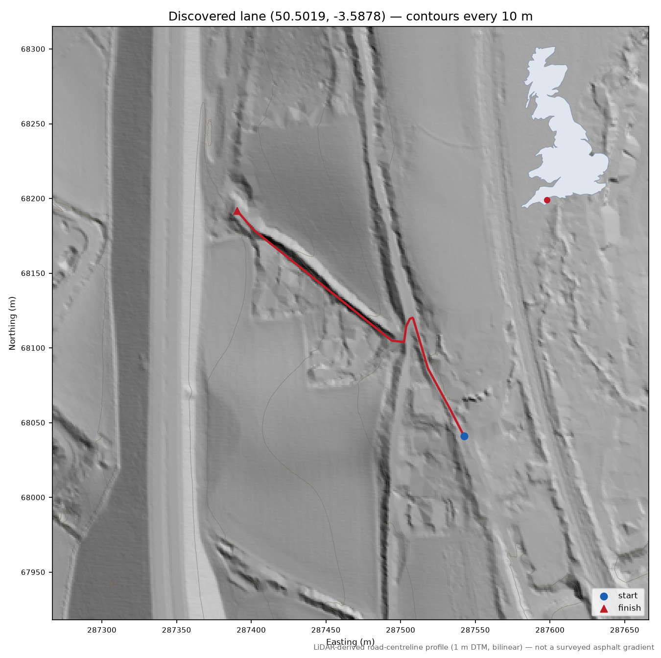 Lane near Kingskerswell LiDAR hillshade map with contours