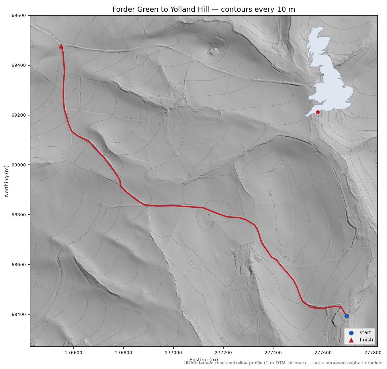 Forder Green to Yolland Hill LiDAR hillshade map with contours
