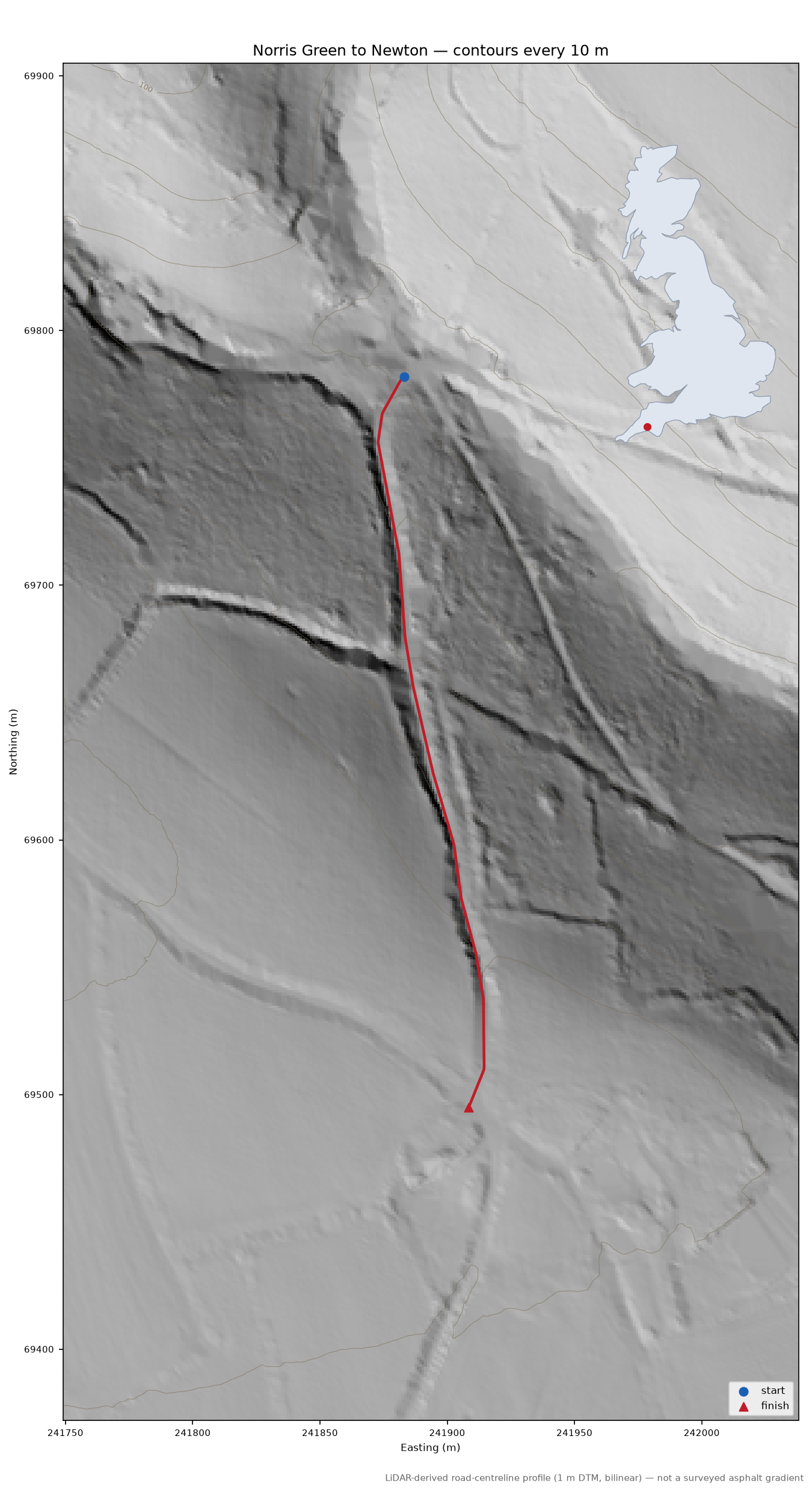 Norris Green to Newton LiDAR hillshade map with contours