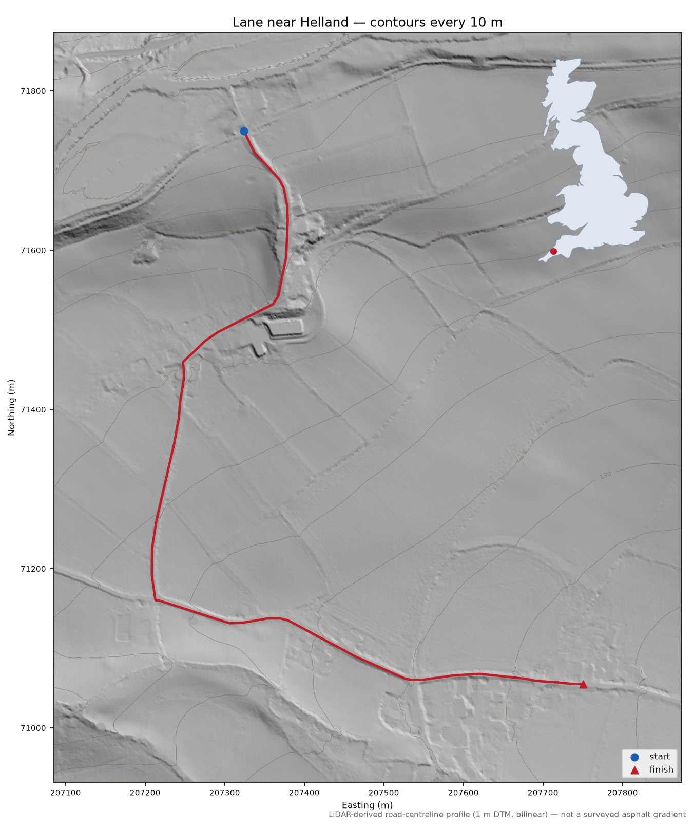 Lane near Helland LiDAR hillshade map with contours