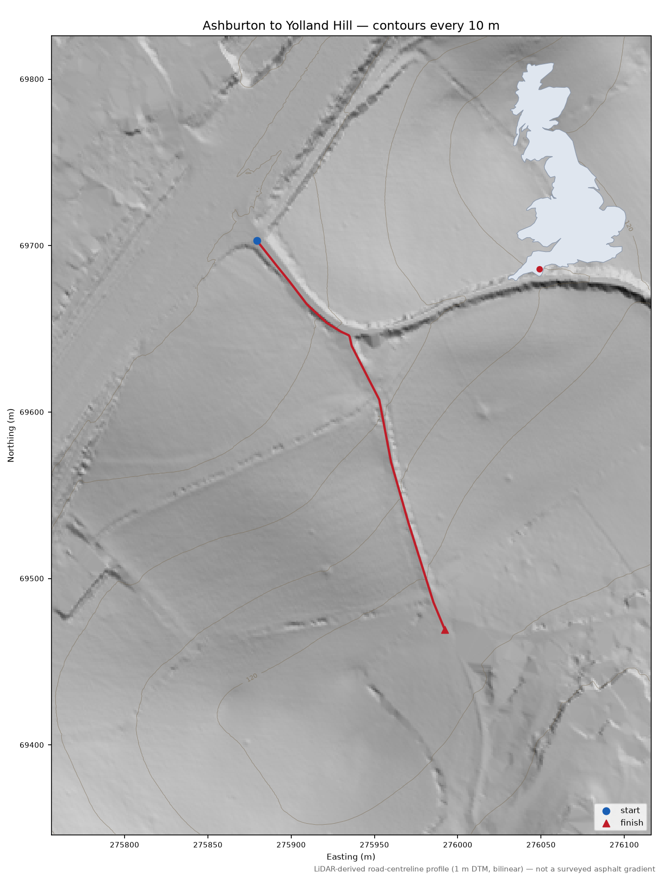 Ashburton to Yolland Hill LiDAR hillshade map with contours
