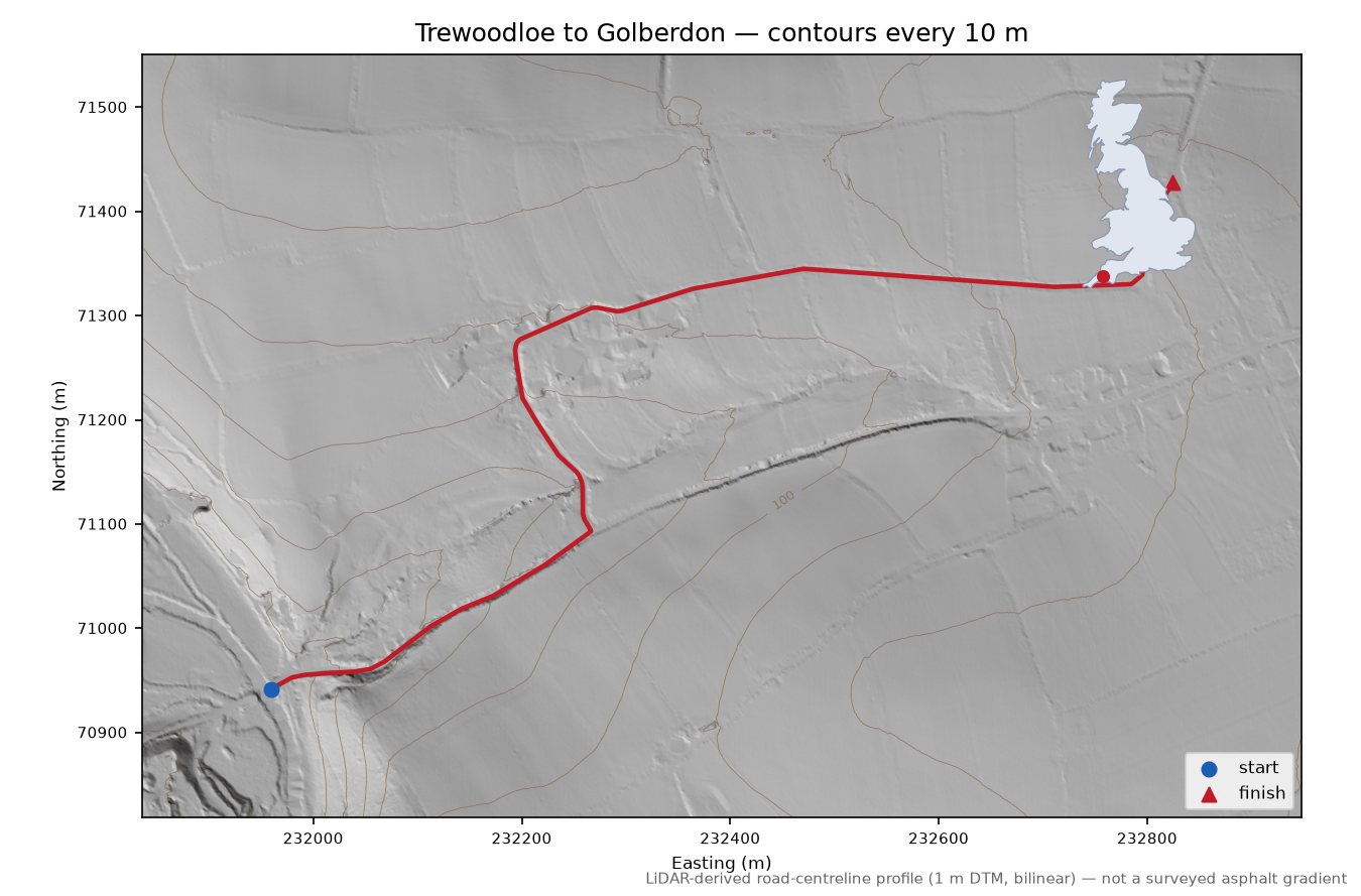 Trewoodloe to Golberdon LiDAR hillshade map with contours