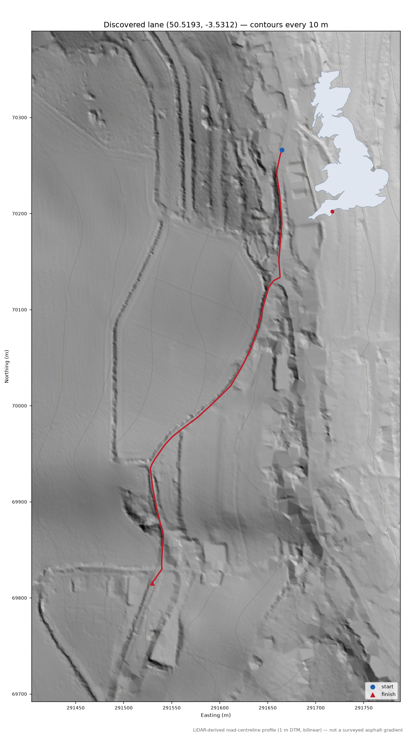 Lane near Stokeinteignhead LiDAR hillshade map with contours