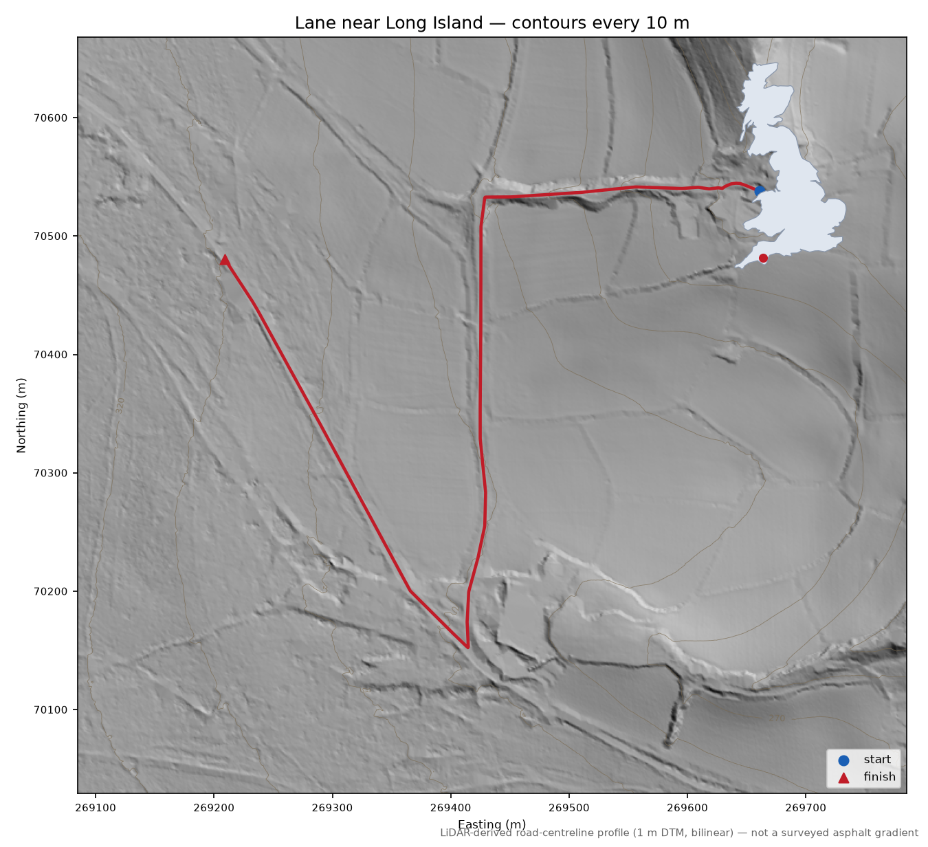 Lane near Long Island LiDAR hillshade map with contours