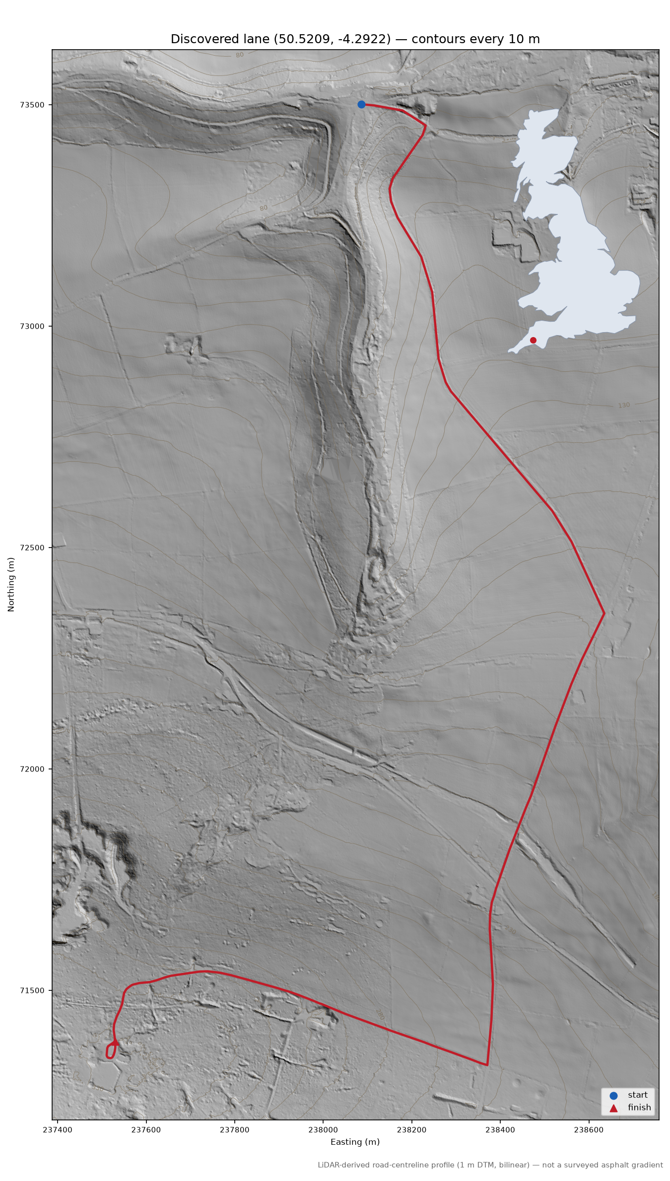 Luckett to Kit Hill LiDAR hillshade map with contours
