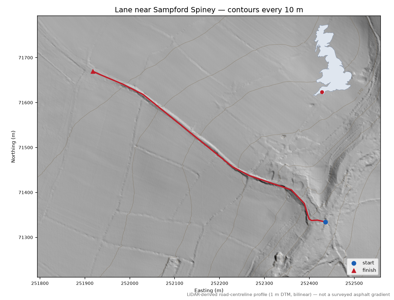Lane near Sampford Spiney LiDAR hillshade map with contours