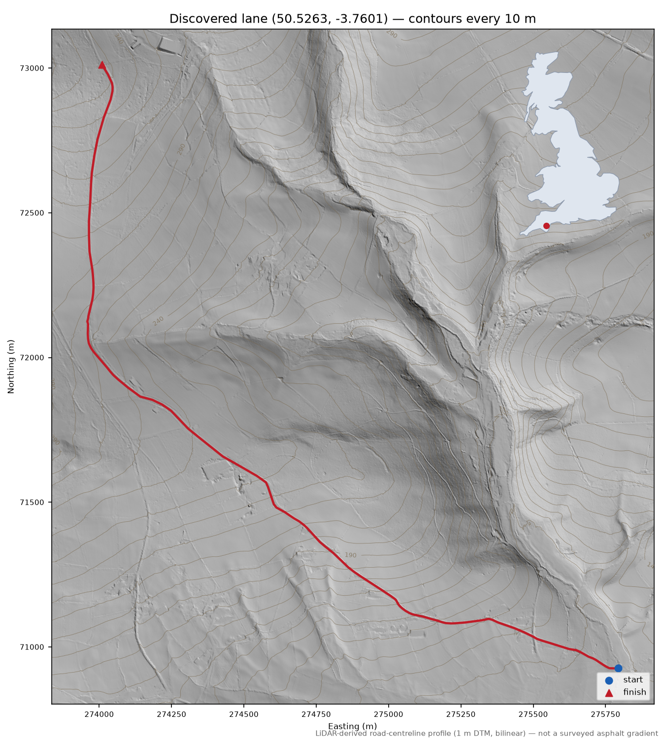 Ashburton to Combe LiDAR hillshade map with contours