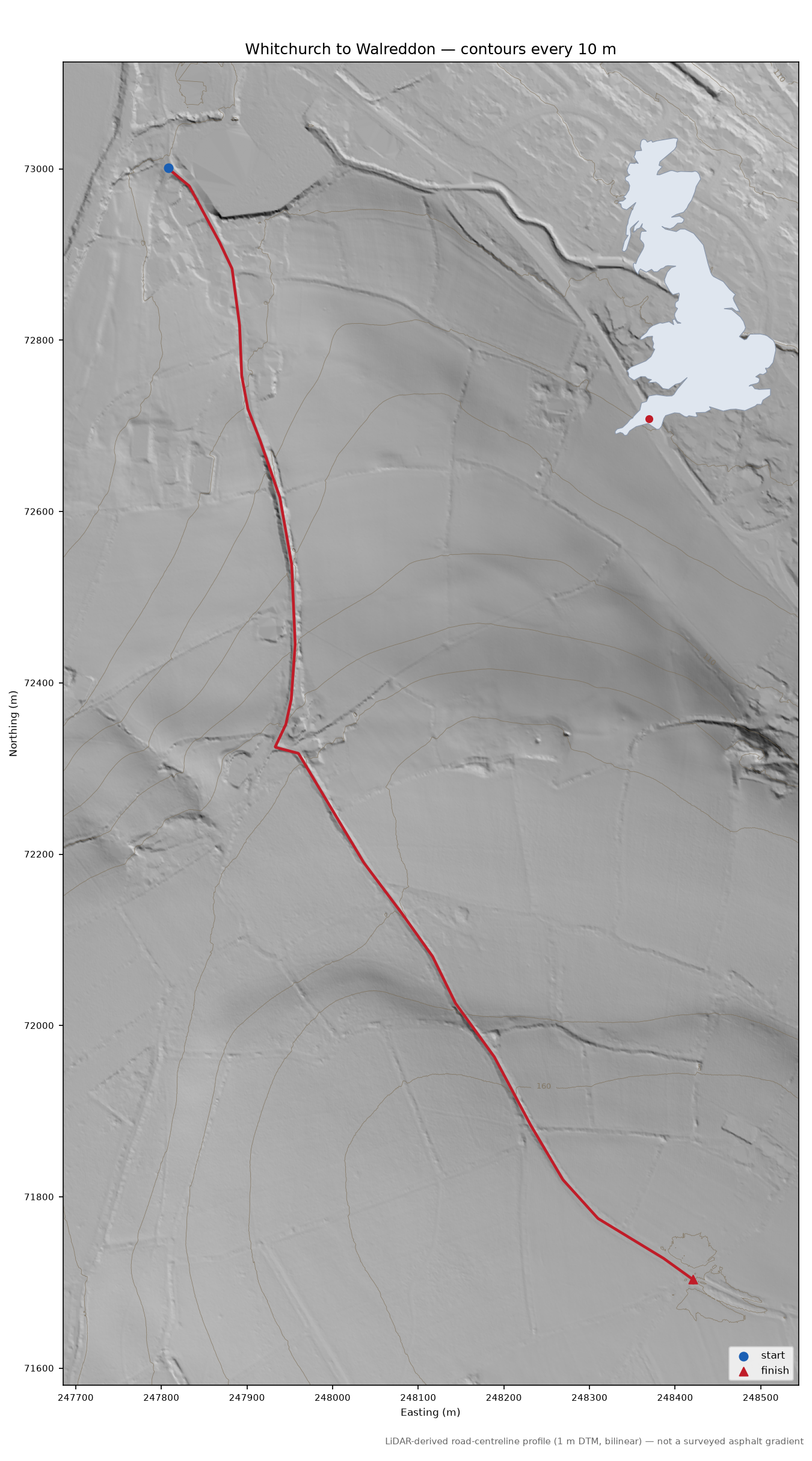 Whitchurch to Walreddon LiDAR hillshade map with contours