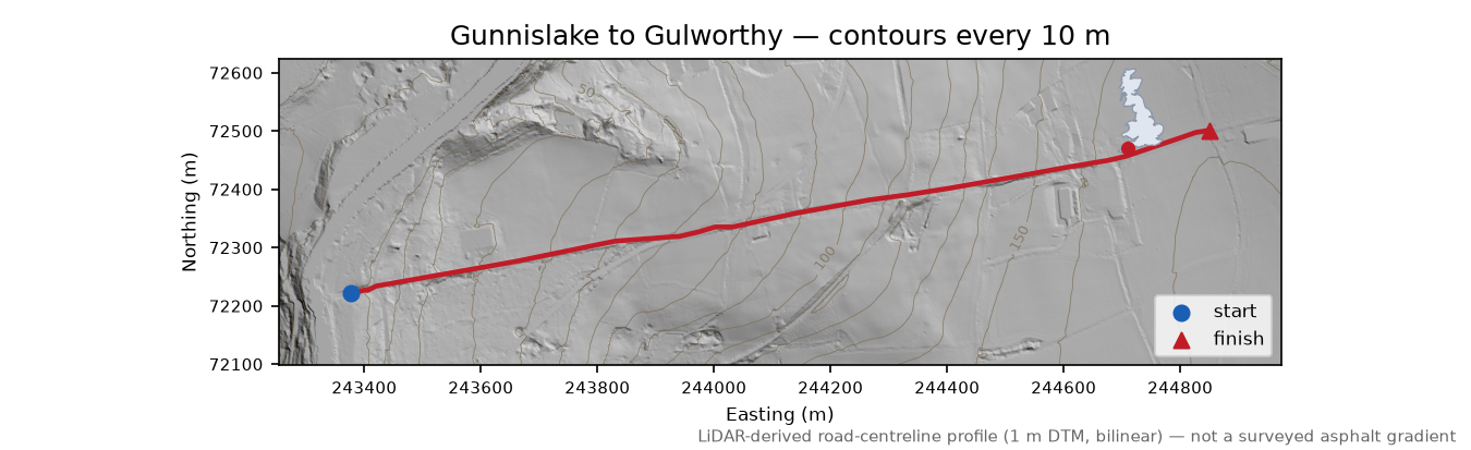 Gunnislake to Gulworthy LiDAR hillshade map with contours